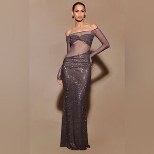 Diamante Off Shoulder Maxi Dress - Gunmetal